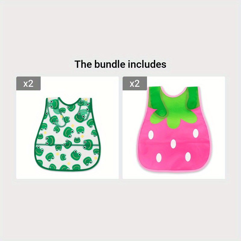 Waterproof bib for boys and girls with snap closure, dirt-resistant pockets, cute strawberry and car prints, made of comfortable EVA material. Suitable for universal feeding, featuring