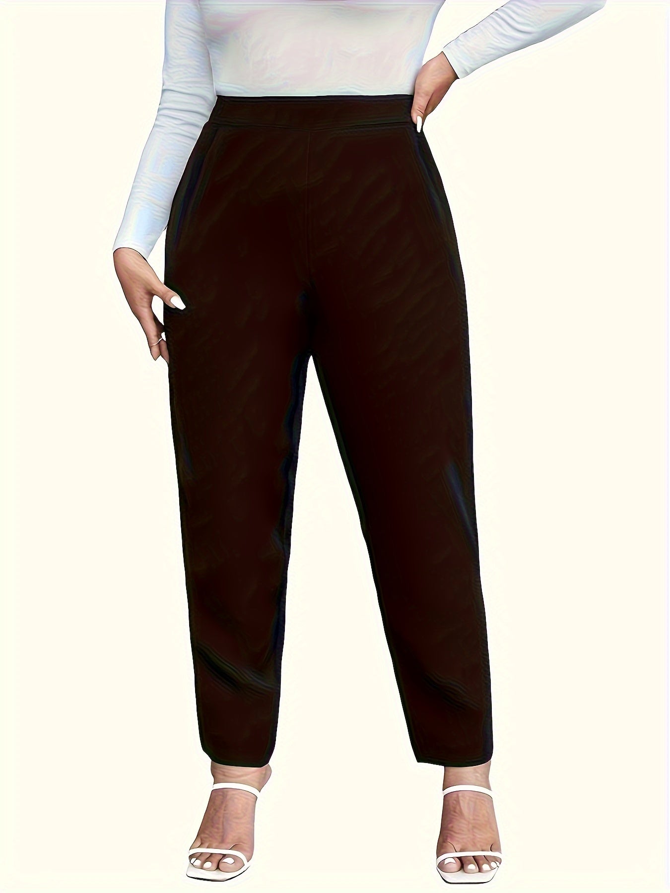 Solid ruched pants with elastic waist for spring and fall, plus size women's clothing.