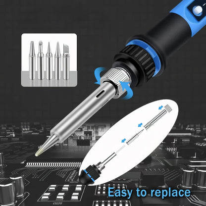 80W adjustable temperature soldering iron kit with European plug, blue & black, includes precision tips & solder paste for DIY electronics projects.