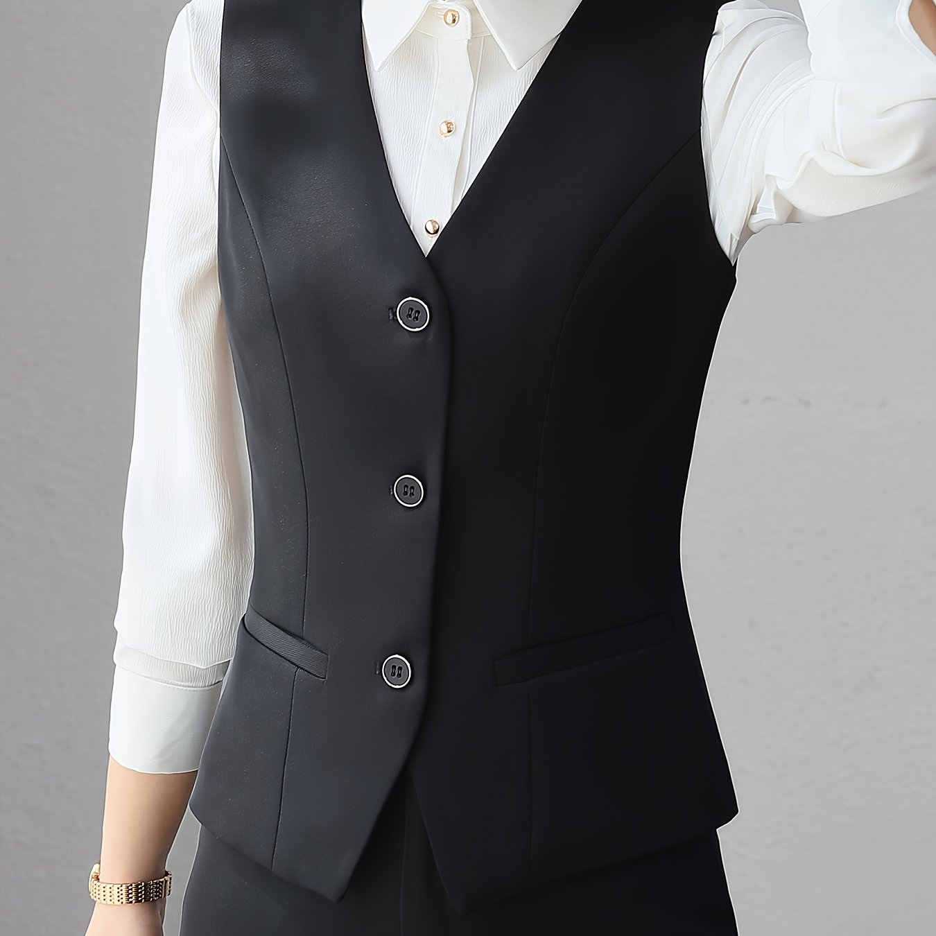 Black V-Neck Sleeveless Blazer with Tie Back, Polyester & Elastane, Ideal for Office - Dark Blue