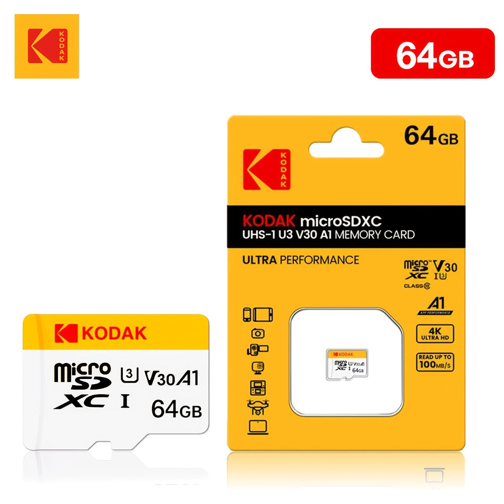 Kodak micro TF cards offer high-speed, Class 10 U3 performance for 4K HD video on various devices.