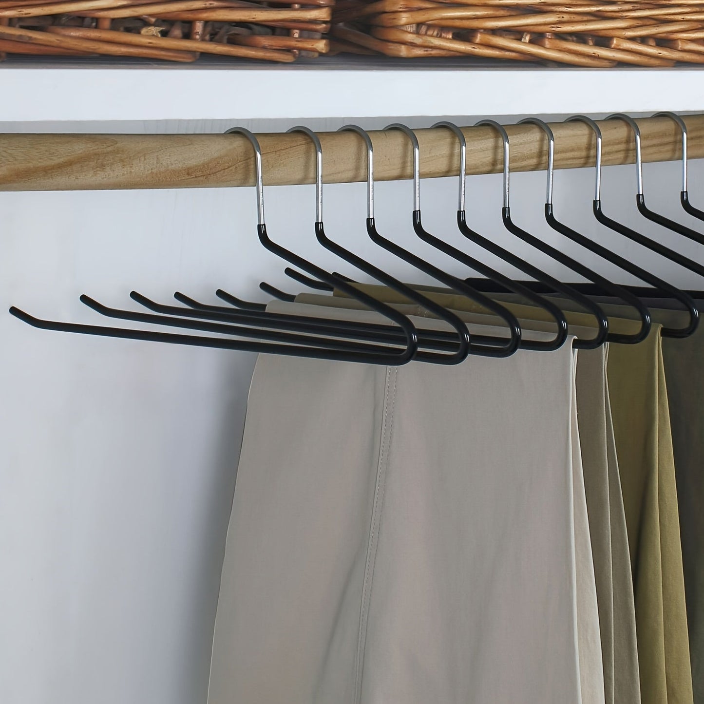 Set of 10 stainless steel hangers with standard design - Save space and prevent slipping with this non-slip pants rack. Organize your closet with these durable hangers designed for trousers, skirts, and dresses. Features a no trace integrated clamping