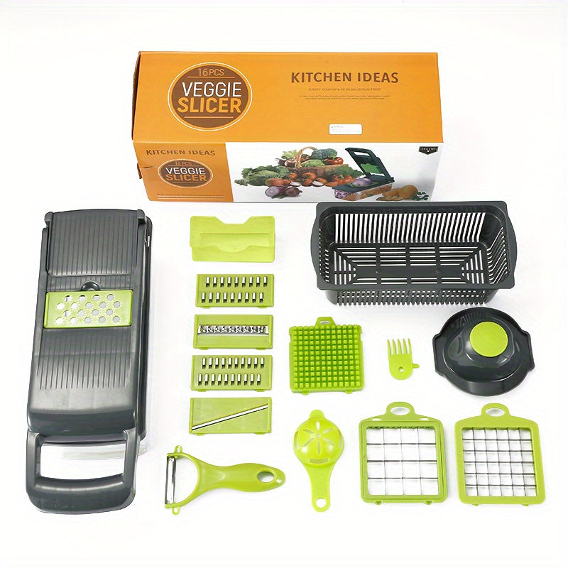 Get the 14/16pcs Multi-Functional Vegetable Cutter Set: Manual Food Grater Slicer with Container, Stainless Steel Interchangeable Blades, Plastic Kitchen Gadgets for Chopping, Shredding, Mincing - No Electricity Required