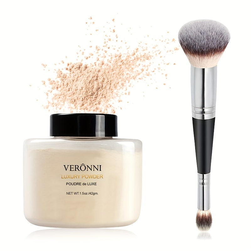 Oil control loose face powder sets foundation makeup with brush for a long-lasting, shine-free matte finish.