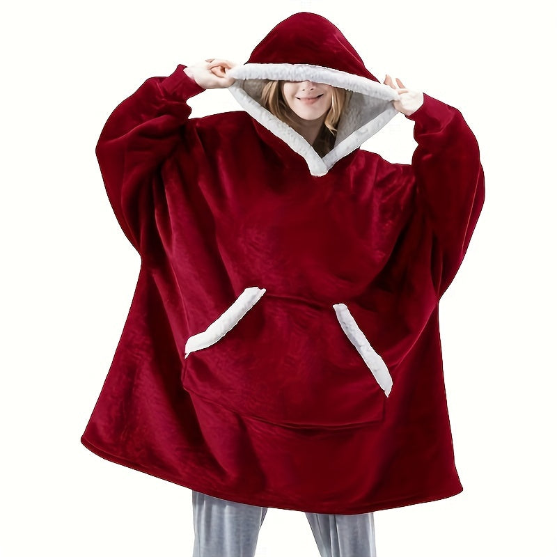 Soft and cozy plaid fleece hoodie blanket featuring large pockets. Perfect for staying warm and comfortable, this machine washable, tear-resistant blanket hoodie is great for men and women.