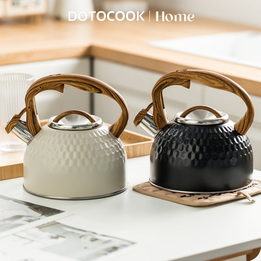 Introducing the DOTOCOOK 2.5L Stainless Steel Tea Kettle with Wooden Handle - Features a Loud Whistling Design, ideal for Boiling Water, Coffee, and Milk - Equipped with a Unique Button Control for easy use on Stove Top or Water Boiler - Stylish Wood