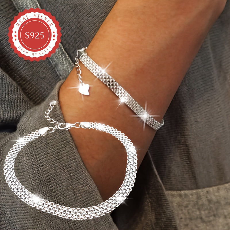 Beautiful Sterling Silver Chain Bracelet Made of S925, Featuring Mesh Embossed Design, Shiny Jewelry Piece, Weighs 5.2g/0.18oz