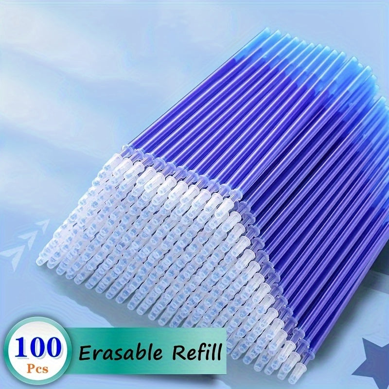 Set of 100 erasable gel pen refills with 0.5mm blue and black ink, washable handle for comfortable writing.