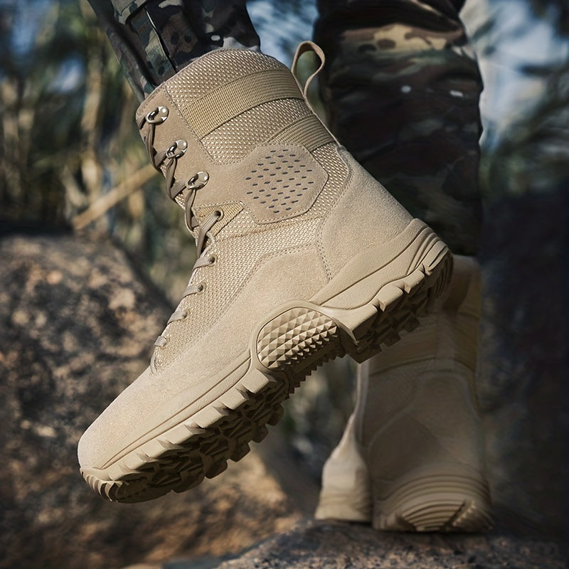 High top tactical work boots with side zipper, non-slip and durable for outdoor hiking activities.