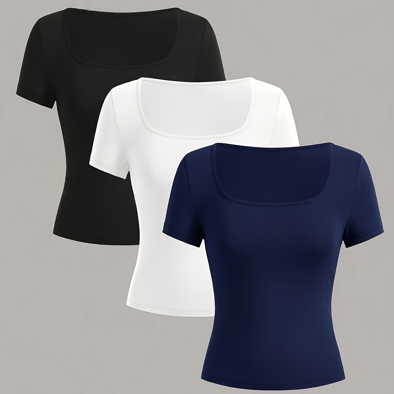 Set of 3 solid color women's t-shirts for casual summer wear.