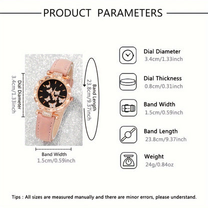 6-piece women's fashion watch set with a sweet pink butterfly quartz timepiece, round case, PU leather strap, zinc alloy case, non-rechargeable battery. Includes bracelet, earrings