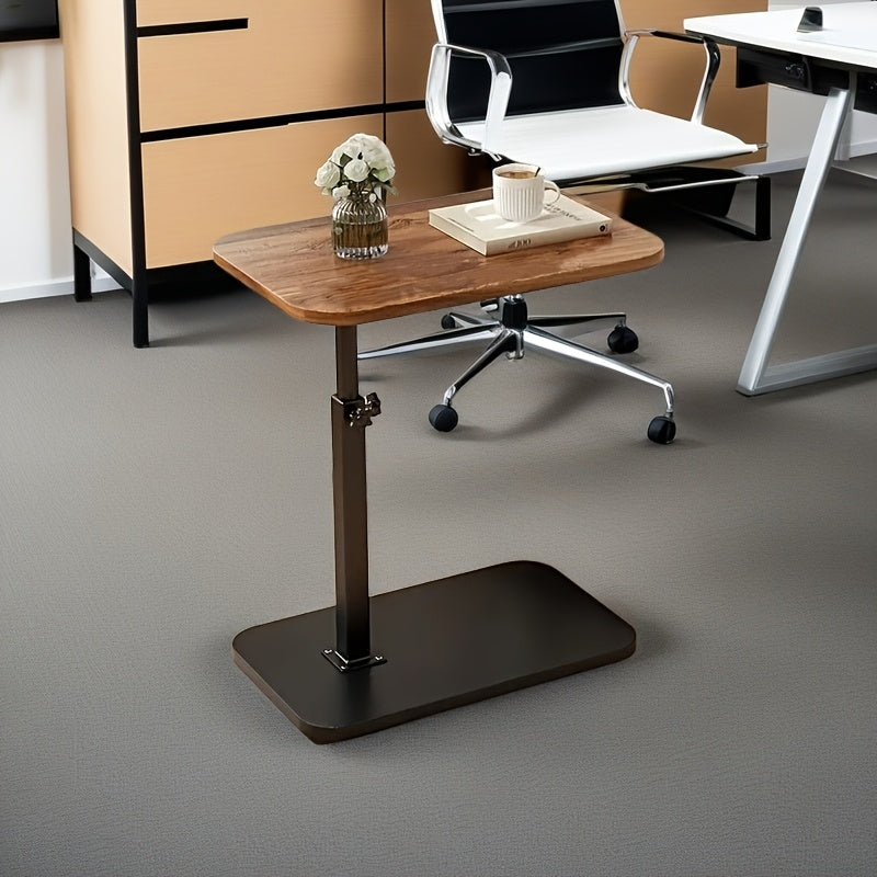 Multi-functional side table with adjustable height, wooden top and iron frame, ideal for various living spaces.