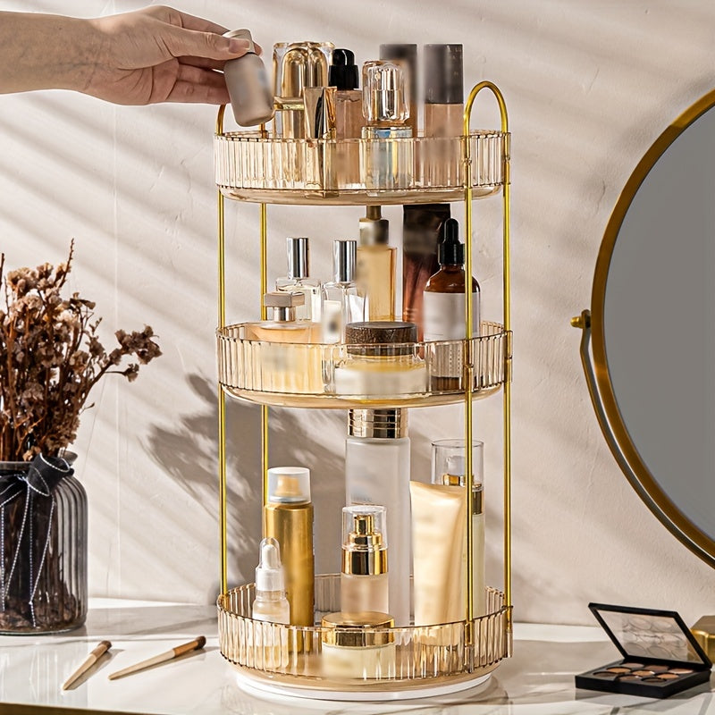 360° Rotatable Makeup Brush Holder and Cosmetic Storage Rack with multiple compartments for organizing bedroom and dorm essentials.