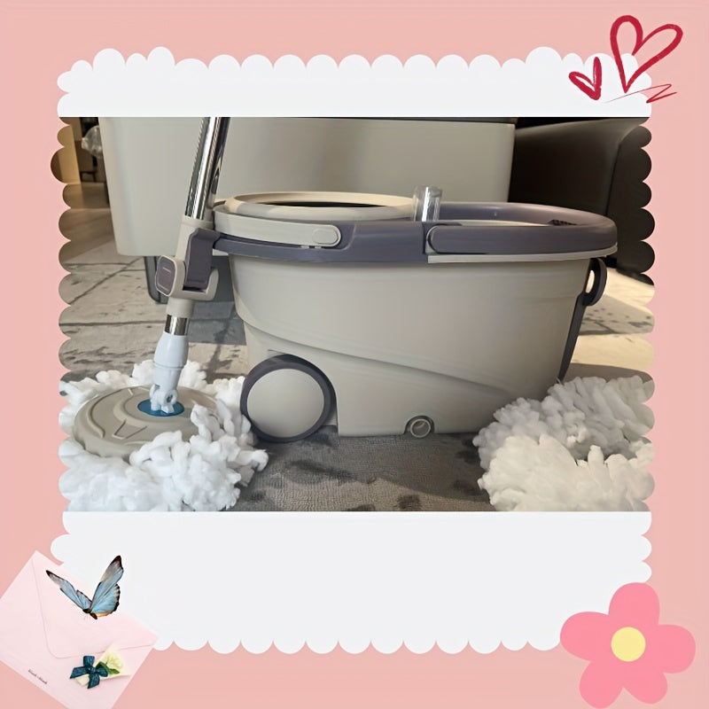 Spin mop and bucket set with detachable dehydration basket, hands-free washing, manual press system with wheels, suitable for cleaning living room, bedroom, bathroom, glass, and floors.