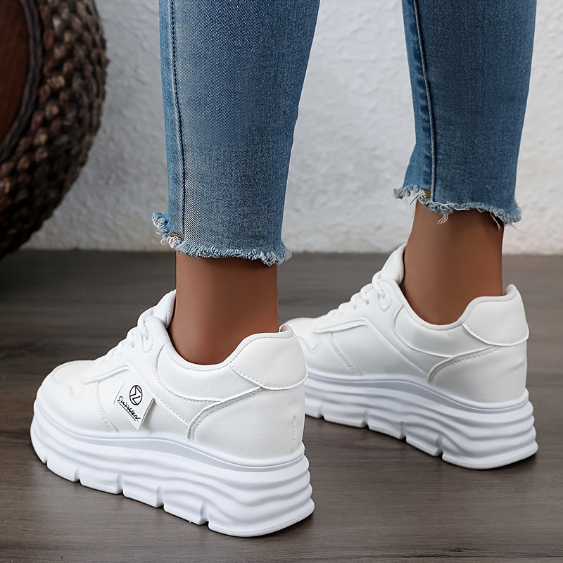 Trendy women's chunky sneakers for autumn 2024 with thick soles and height-boosting design, featuring durable PVC soles and breathable fabric lining.