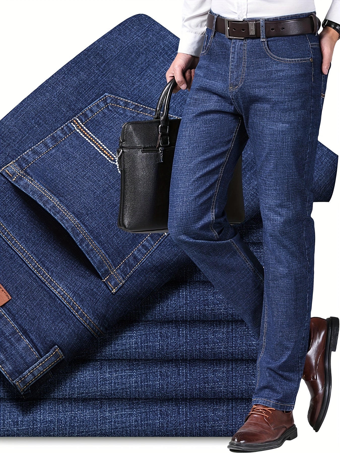 Sleek plus size men's premium denim jeans with stretch comfort fit, durable cotton blend and embroidery detail. Ideal for professional and casual attire, machine washable.