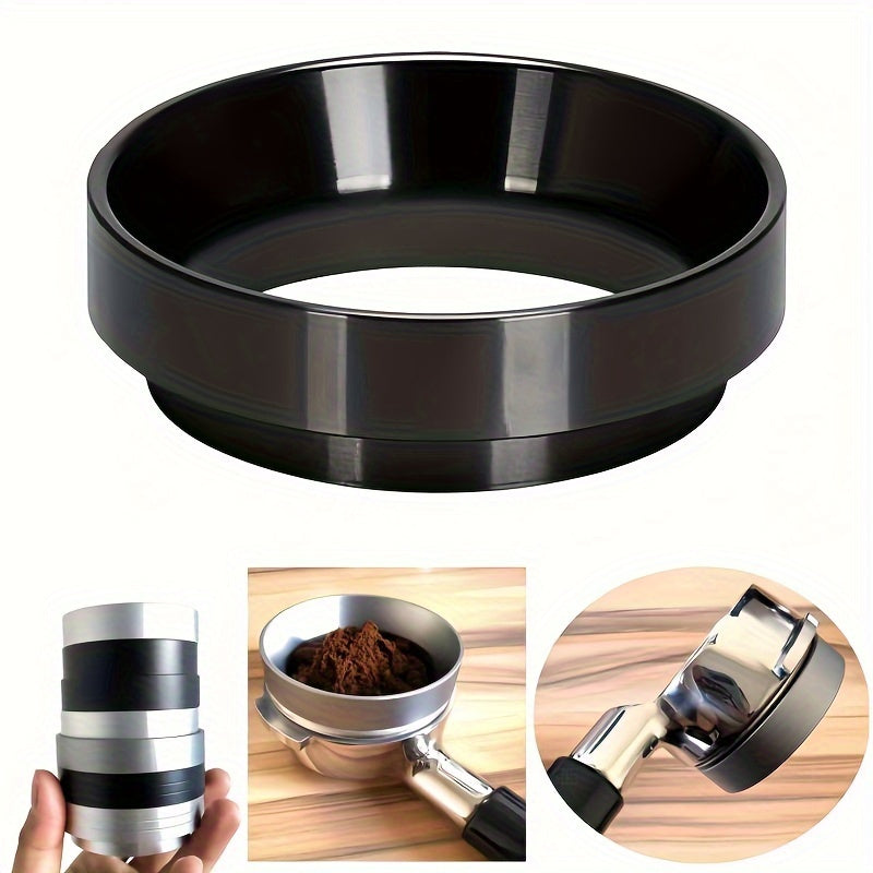 Golden espresso dosing funnel made of lightweight aluminum, available in 51/53/58mm sizes with a magnetic attachment. This coffee dosing ring fits snugly onto the coffee machine handle to prevent splashing during the dosing process.