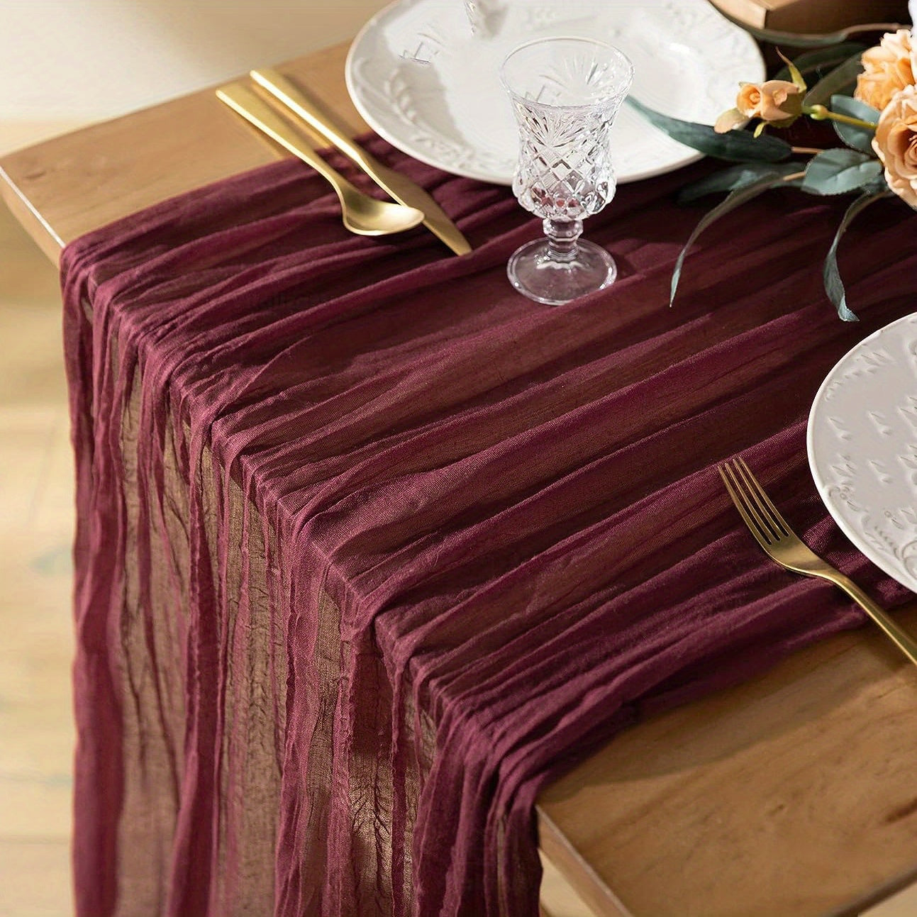 Cheesecloth table runner in burgundy with bohemian country style, ideal for weddings and bridal showers, perfect for Easter and summer table decor.