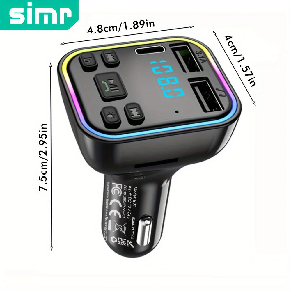 SIMR brand Car MP3 Player with Wireless FM Transmitter and Fast Charging via Type-C USB. Includes Dual USB Car Charger, Handsfree Car Kit, MP3 Player, FM Modulator. Powered by car plug