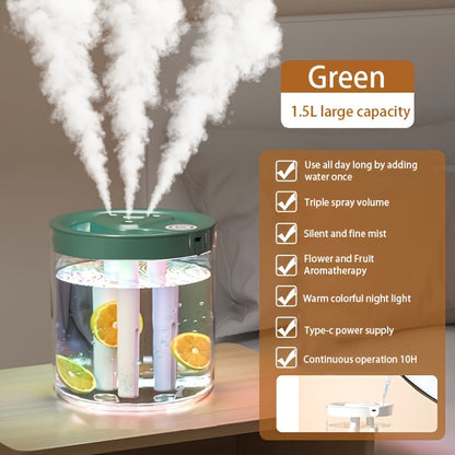 1 compact misting humidifier with 3 outlets, USB-powered, ideal for bedroom or office use, desktop-friendly design.