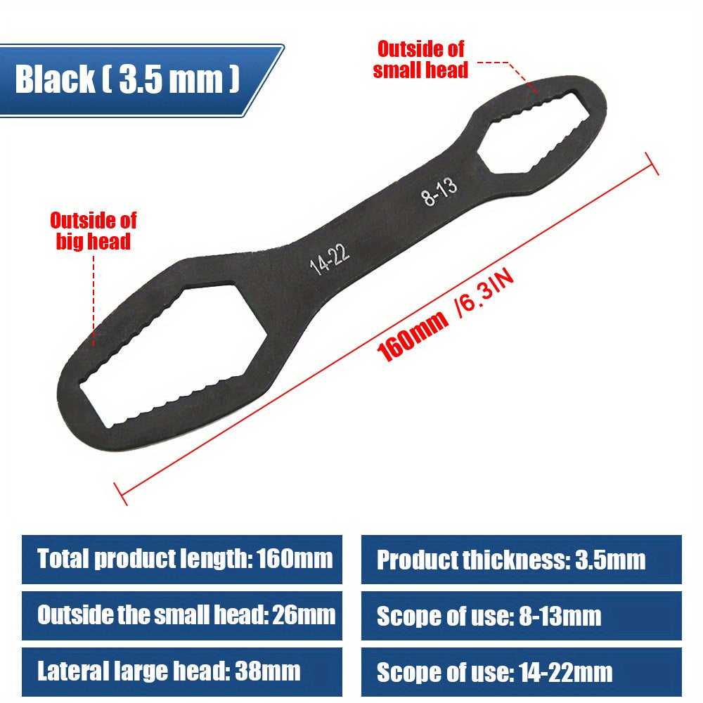 Double-ended plum wrench with 3.5mm thickness for tightening various screws and nuts. Suitable for diameters 8-22mm/3-17mm.