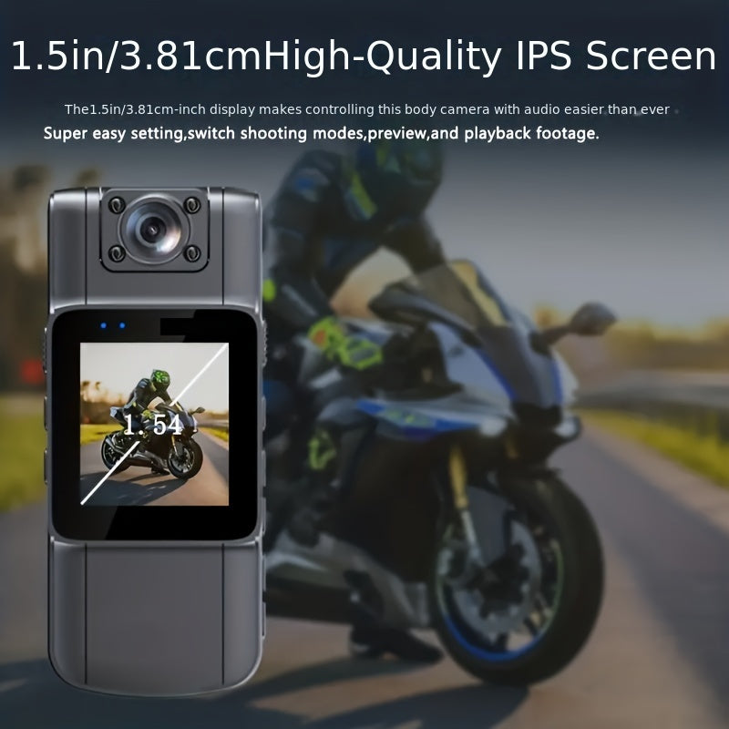 Wearable Full HD Body Camera with Rotatable Lens, Wide Angle, Night Vision, and IPS Screen for Riding, Sports, and Travel. Features USB/Battery Power and Rechargeable Lithium Polymer. Compatible with Laptops.