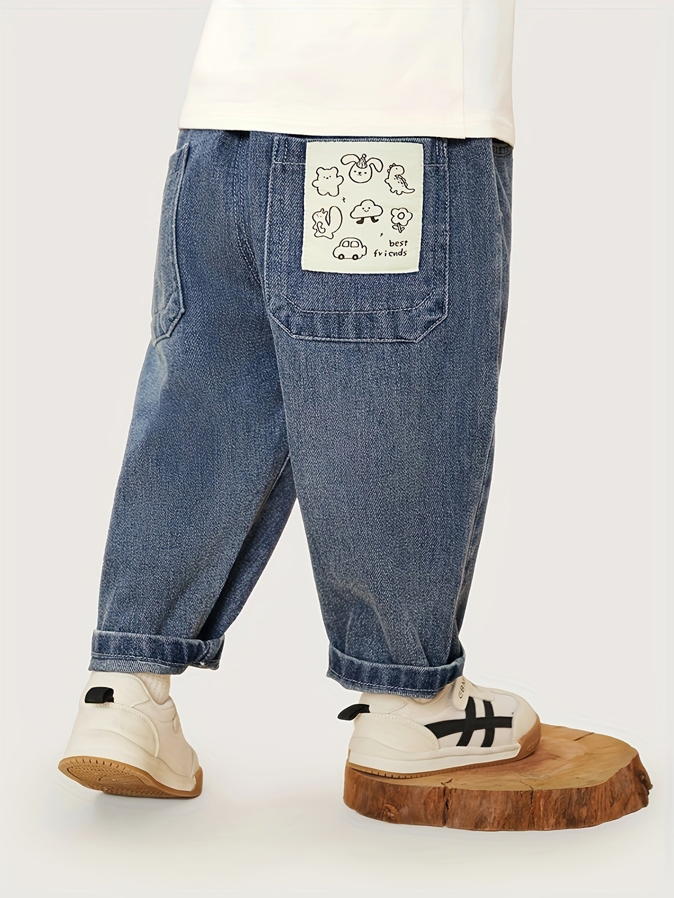 Kaka Panda Denim Pants - Cute, Comfortable, and Durable, Elastic Waist with Patch Detail, Ideal for Spring/Autumn, Casual Jeans for Boys & Girls