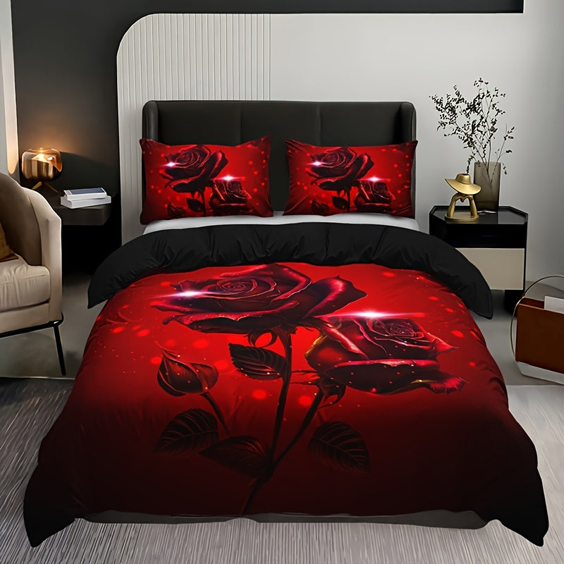 Red Rose Print Duvet Cover Set - Includes 1 Duvet Cover & 2 Pillowcases, Made from Breathable Polyester, Easy to Clean in the Washing Machine - Ideal for Use All Year Round