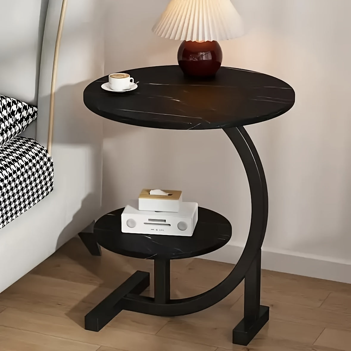 Stylish double-layer coffee table with metal legs for various spaces, featuring durable wood top in deep brown, white, or black. Ideal for living rooms, offices, or balconies.