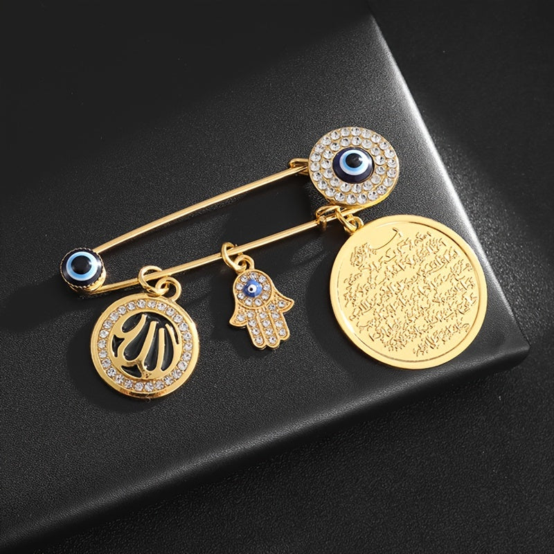 Alloy Fatima Hand Brooch with Lucky Blue Evil Eye - Unique Islamic Amulet Jewelry Present