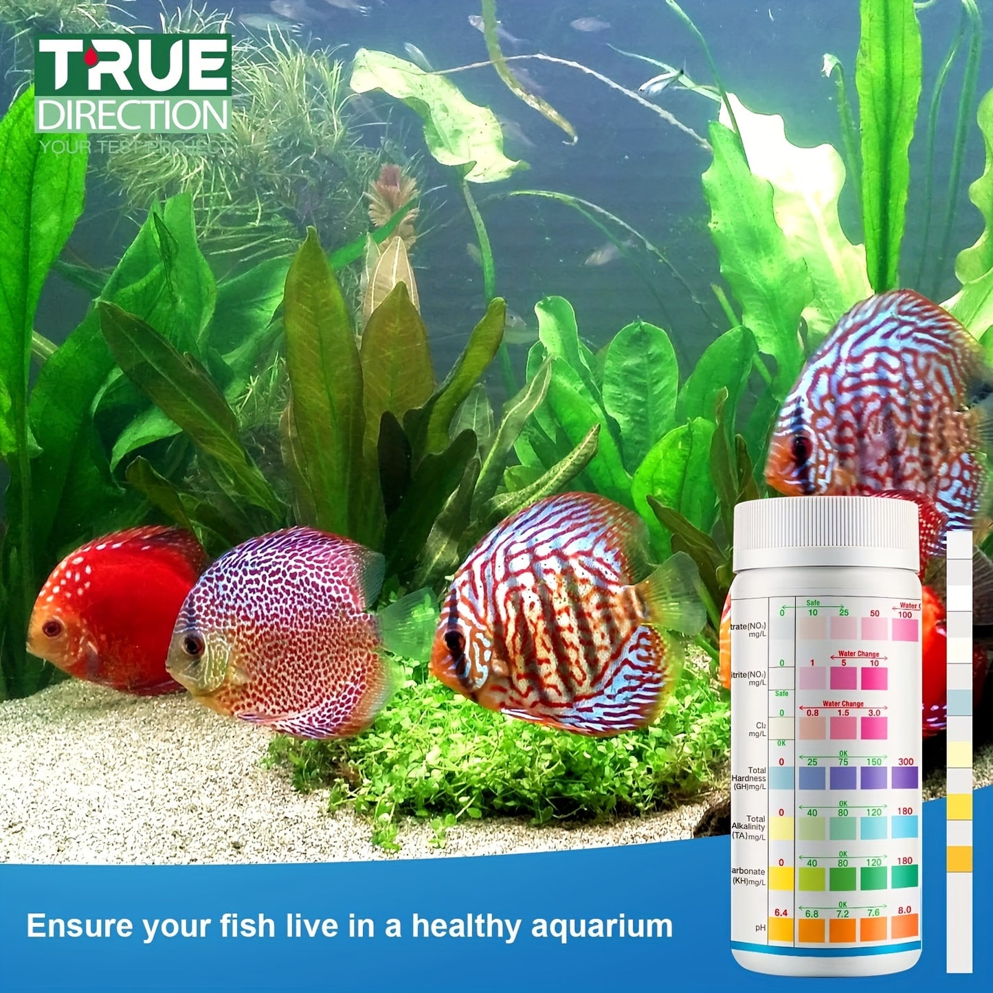 7-Way Aquarium Pool & SPA Test Strips for freshwater and saltwater fish tanks, ponds. Tests PH, Alkalinity, Nitrite, Nitrate, Chlorine, Carbonate, Hardness.