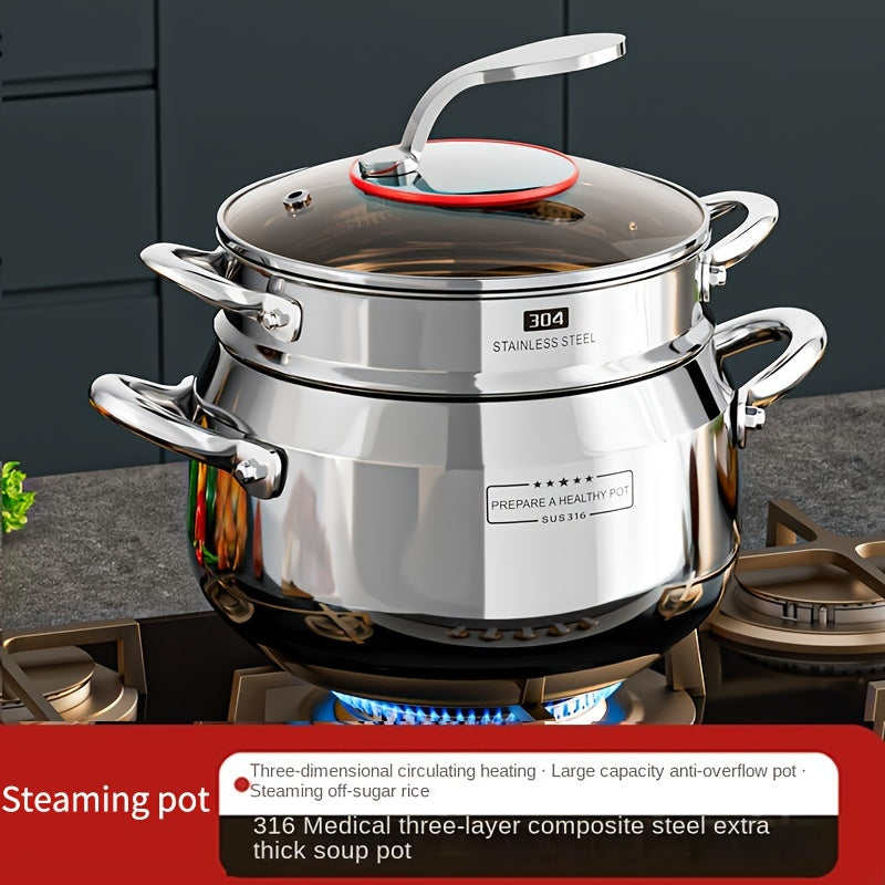 Stainless Steel Three-Layer Soup Pot 316 Induction Cooker Gas Thickened Steaming Pot for Porridge and Soup