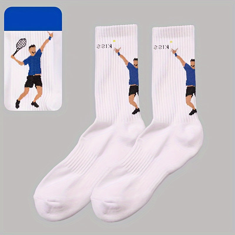 Men's tennis sports socks in cotton blend knit fabric with cartoon print. Suitable for football, tennis, fitness in all seasons. Unisex couple socks in European and Japanese style. Hand