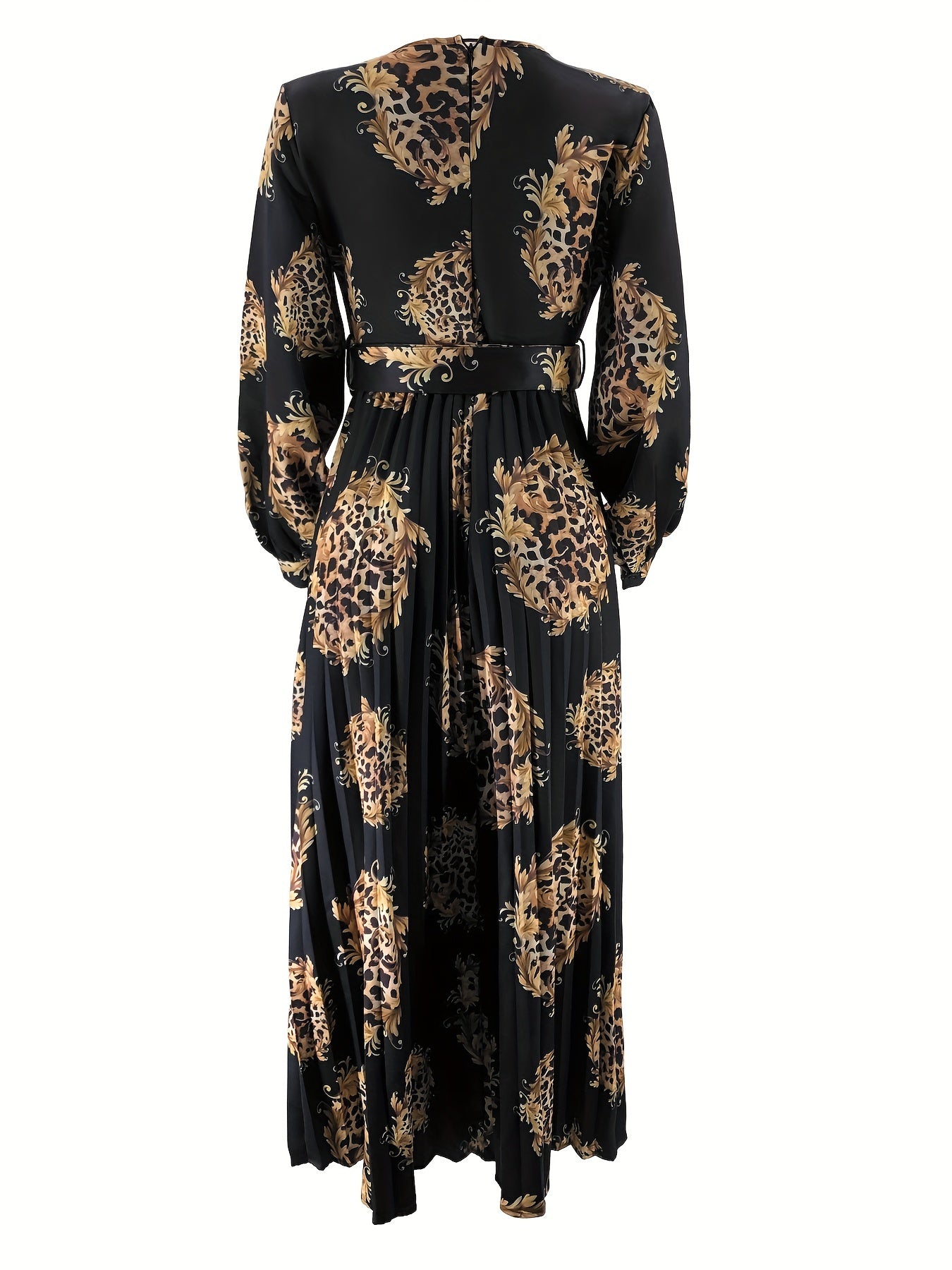 Leopard Print Crew Neck Abayas Dress, Elegant Long Sleeve Maxi Length Women's Clothing