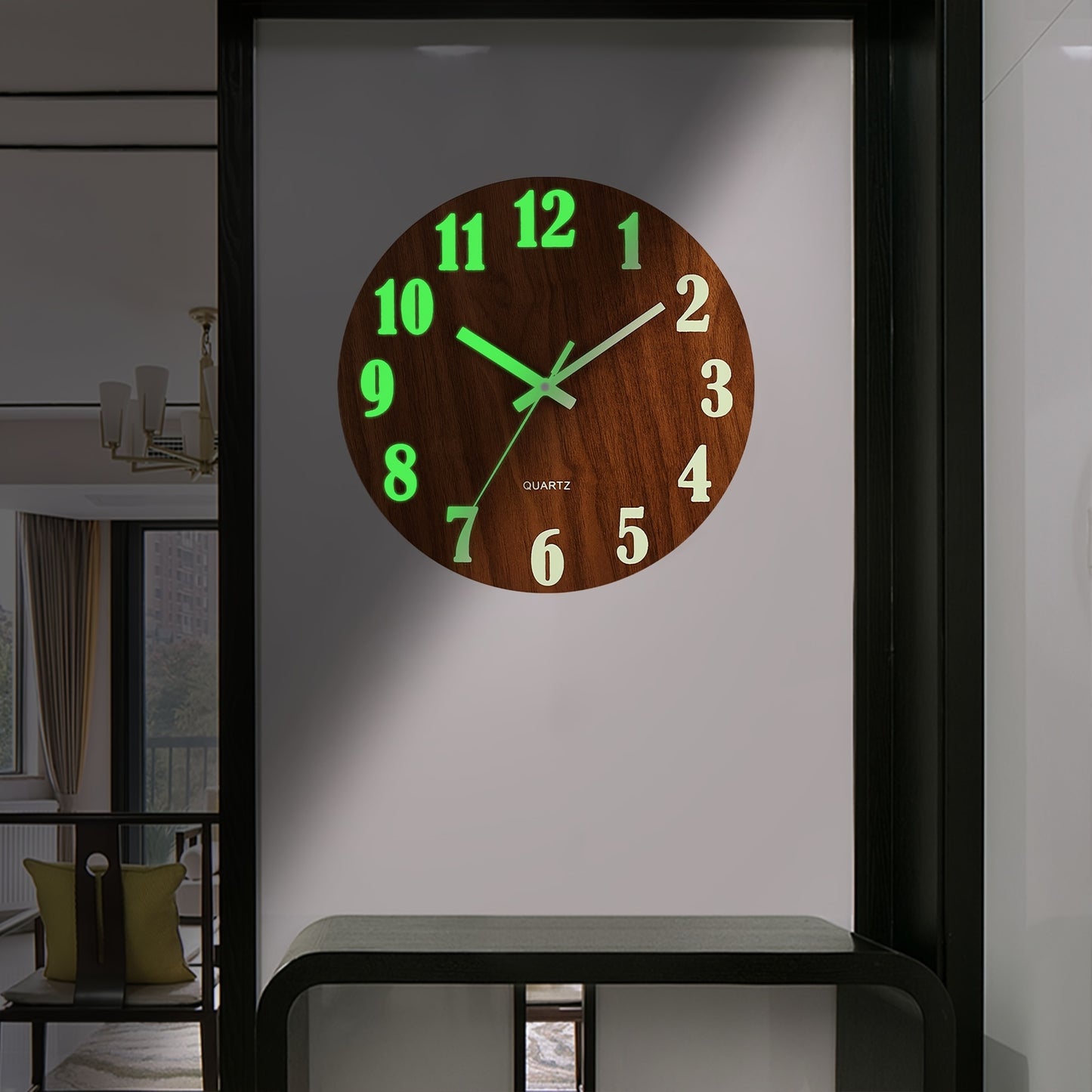 Rustic Tuscan wooden wall clock with glow-in-the-dark feature, 30.48cm in size. Non-ticking, Japanese quartz movement, ideal for living room and bedroom decor. Battery operated (AA not included).