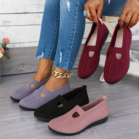 Comfortable slip-on flats with rubber sole, breathable fabric upper, support, for all-season wear.