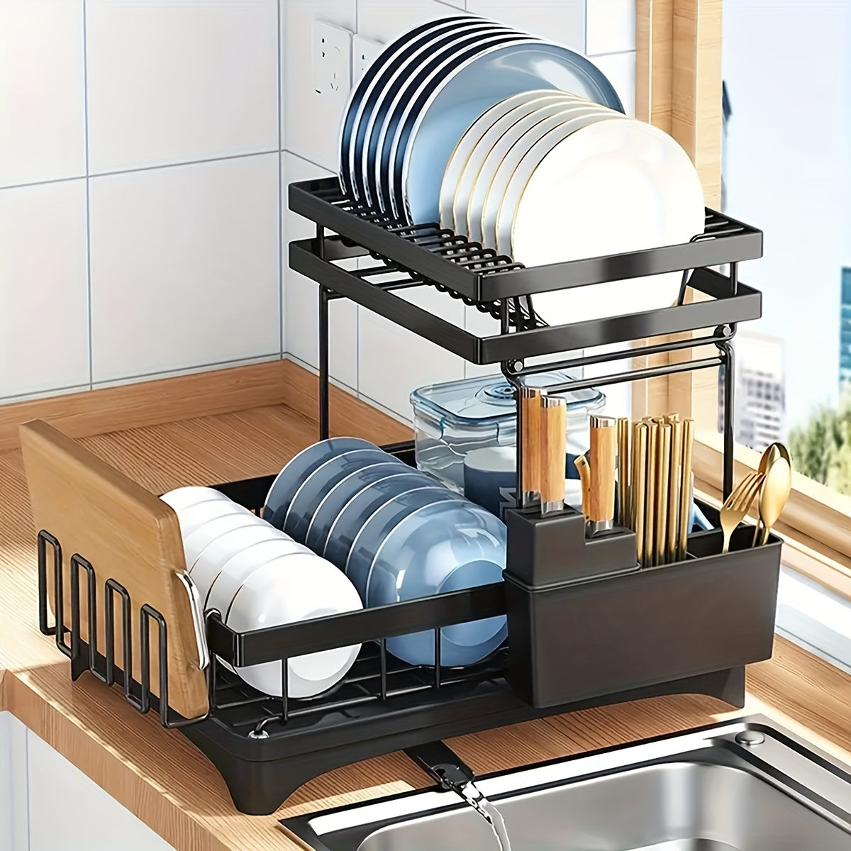 Black double-layer detachable kitchen draining rack for household use. Features water guide pipe, bowl and chopstick holder, knife and fork holder, water cup and plate storage.