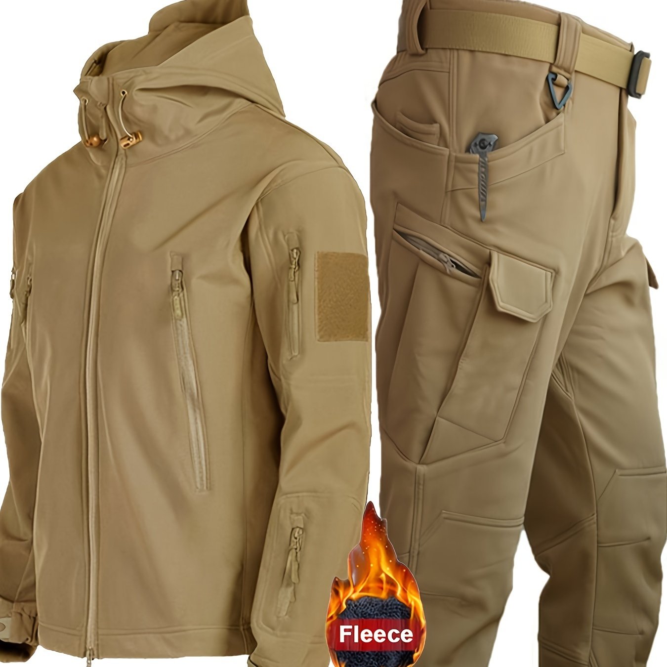 Men's outdoor thermal outfit with softshell jacket and cargo pants, ideal for outdoor activities.