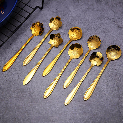 Golden stainless steel coffee and dessert spoons set with floral and geometric designs, ideal for tea, cake, and ice cream; great for weddings and coffee bars.