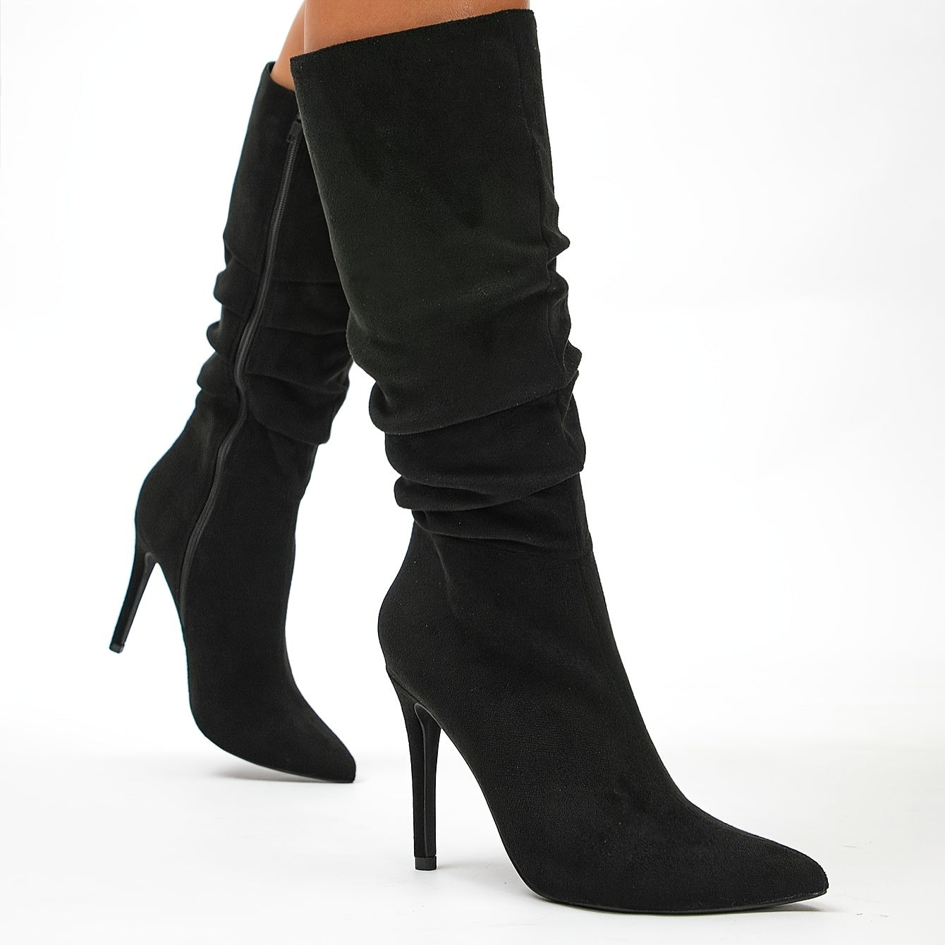 Pleated design long boots for women with point toe and stylish side zipper.