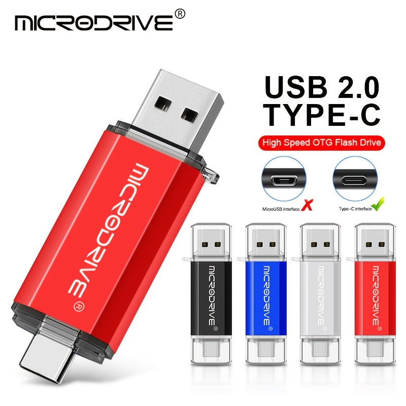 MICRODRIVE 2.0 USB-C Flash Drive - High-Speed OTG Memory Stick, Frosted Metal Texture, 128GB/64GB/32GB/16GB, Laptop & Smartphone Compatible, Red/Black, Cute Design