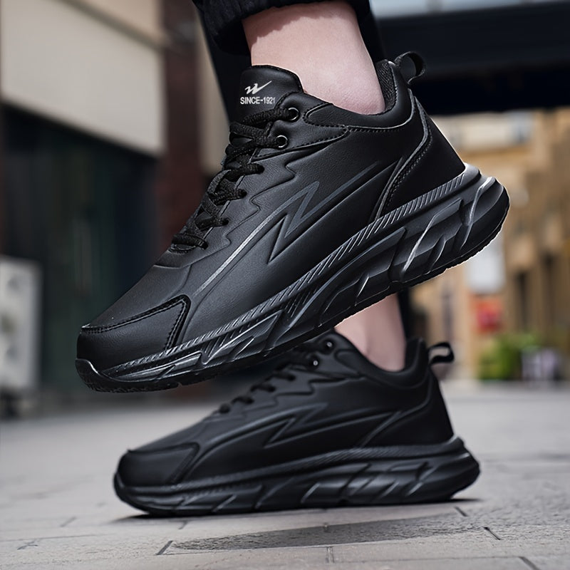 Men's black road running shoes with a casual sporty style, durable rubber sole, comfortable fabric lining, and low-top lace-up design. Suitable for all seasons, these athletic sneakers are