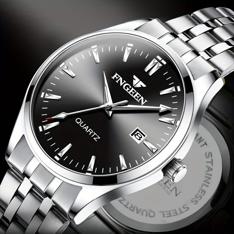 Elegant business watch for men with calendar feature- sleek design, ultra-thin Quartz movement, and stainless steel band.