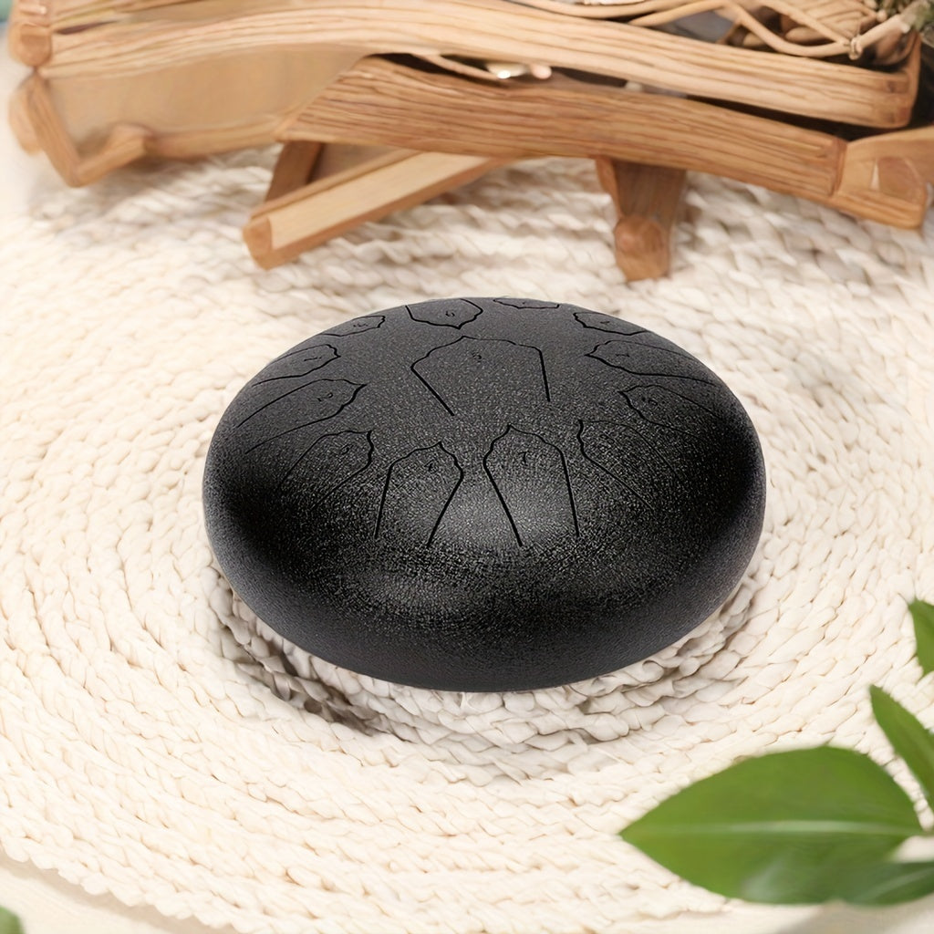 12" 13-tone steel tongue drum with travel case, accessories for relaxation and meditation, suitable for outdoor use.