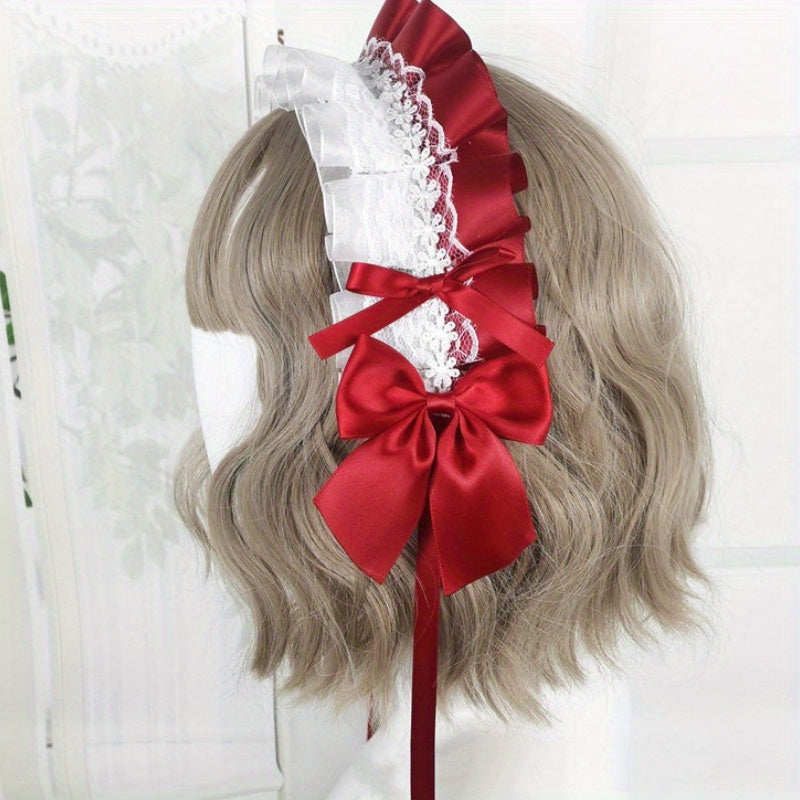 Ruffled Lace Ribbon Bow Headband with Hairpins in Contrasting Colors - Anime Maid Inspired Hair Accessory