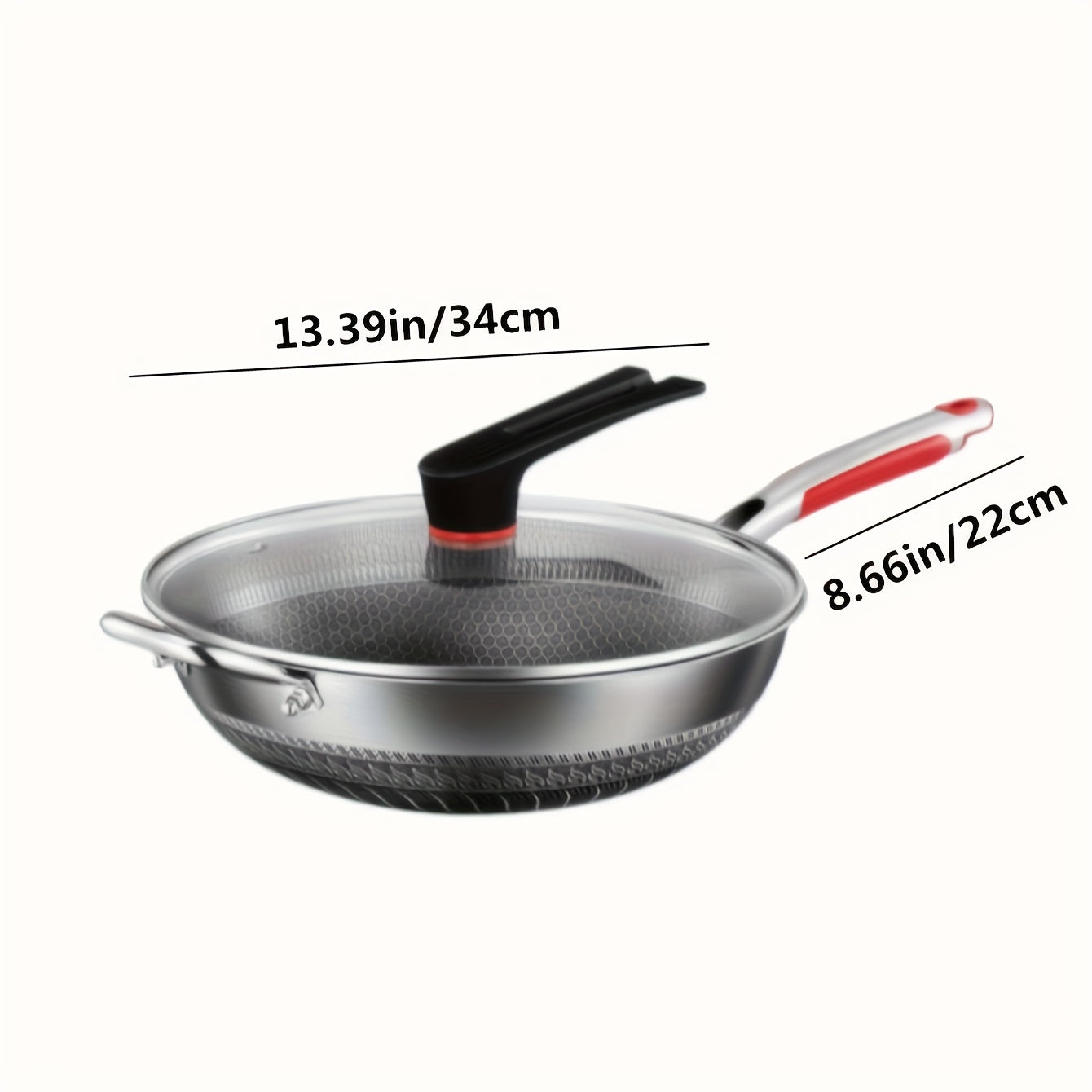 This durable stainless steel wok features a non-stick honeycomb pattern, perfect for home cooking. It is suitable for both electric and gas stoves, making it ideal for frying fish, eggs, and steaks. The round frying pan comes with a handle and a glass