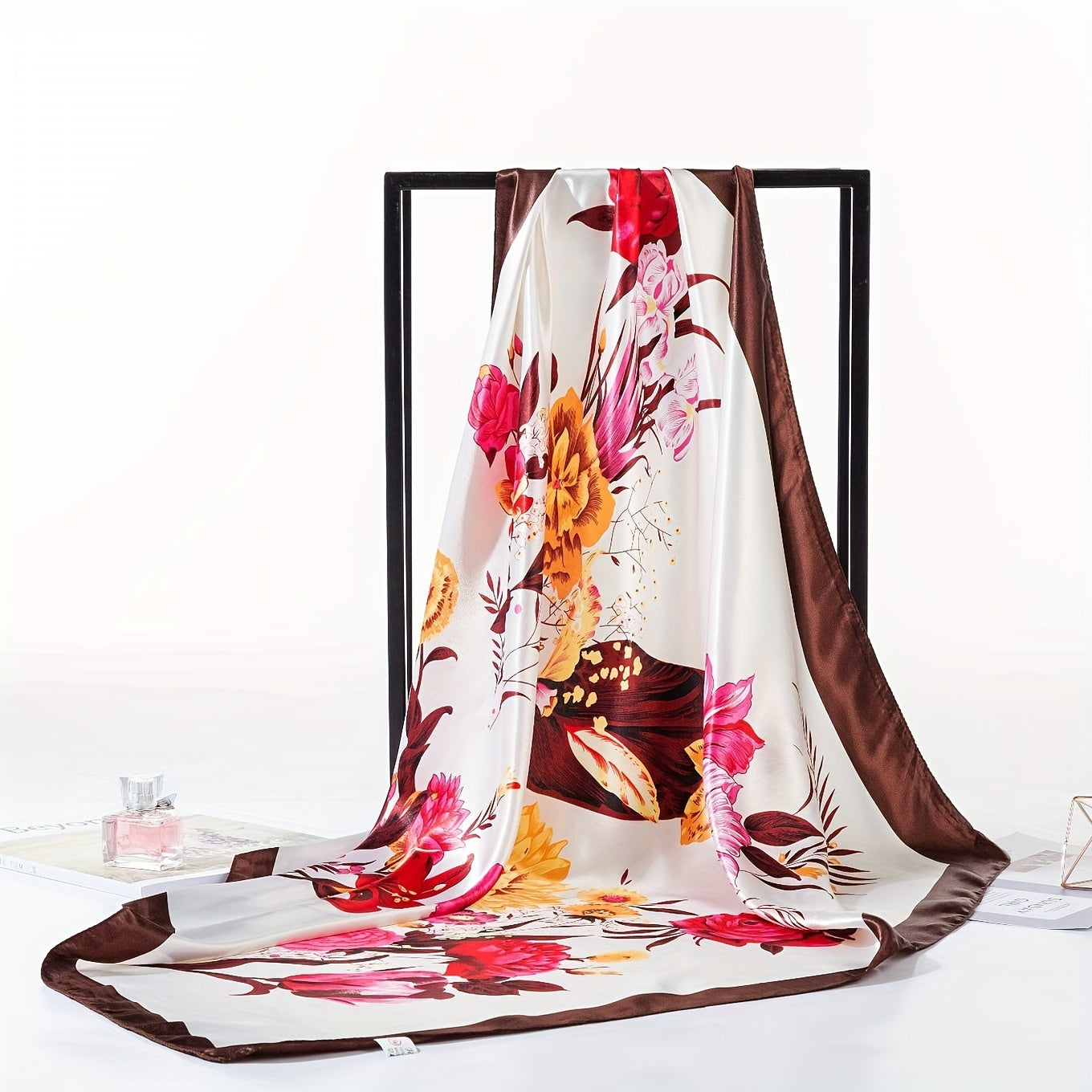 Versatile polyester floral print square scarf for women, featuring a classic style that is breathable, lightweight, and offers sun protection.