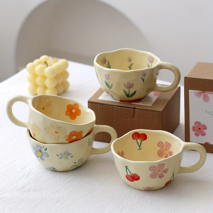 Ceramic mug with flowers pattern, irregular shape, Korean style, suitable for coffee, milk, tea, oatmeal, and breakfast.