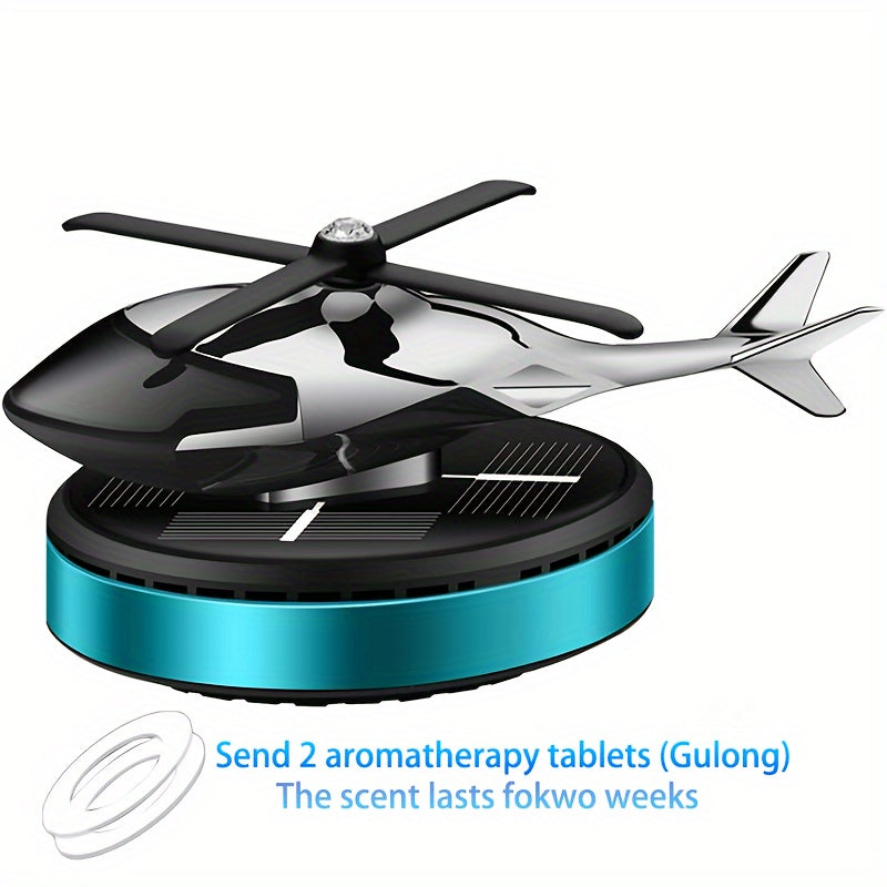 Solar-powered helicopter air freshener with rotating aluminum alloy aromatherapy diffuser in red/golden/silvery/blue, includes paper fragrance sheets for long-lasting delicate scent and car