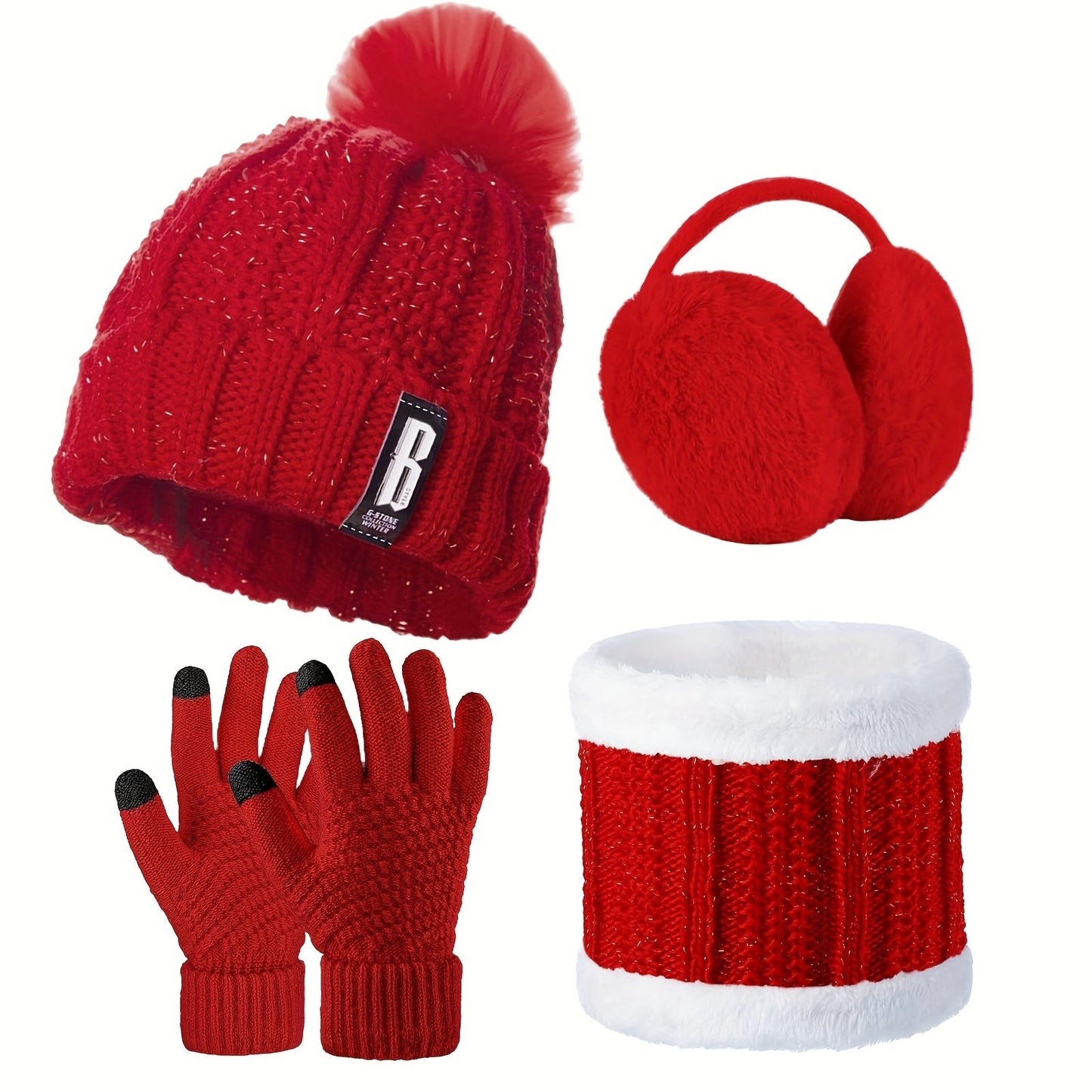 Winter Accessories Set for Women - Includes Polyester Knitted Beanie Hat with Pompom, Ear Warmers, Touch Screen Gloves, and Scarf - Perfect for Skiing and Outdoor Sports